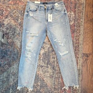 Judy Blue Light Blue Distressed Boyfriend Jeans with Paint Splatter